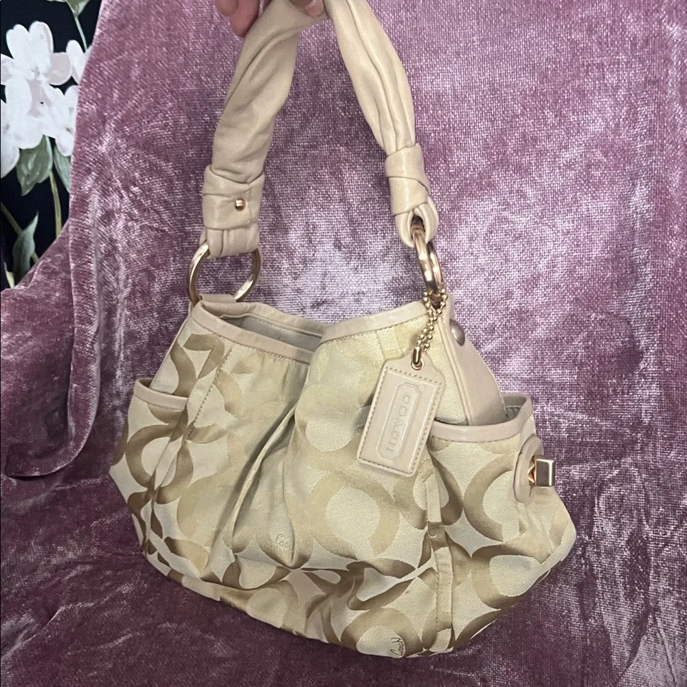 Coach Cream Signature Canvas Shoulder Bag with Leather Trim - Picture 1 of 8